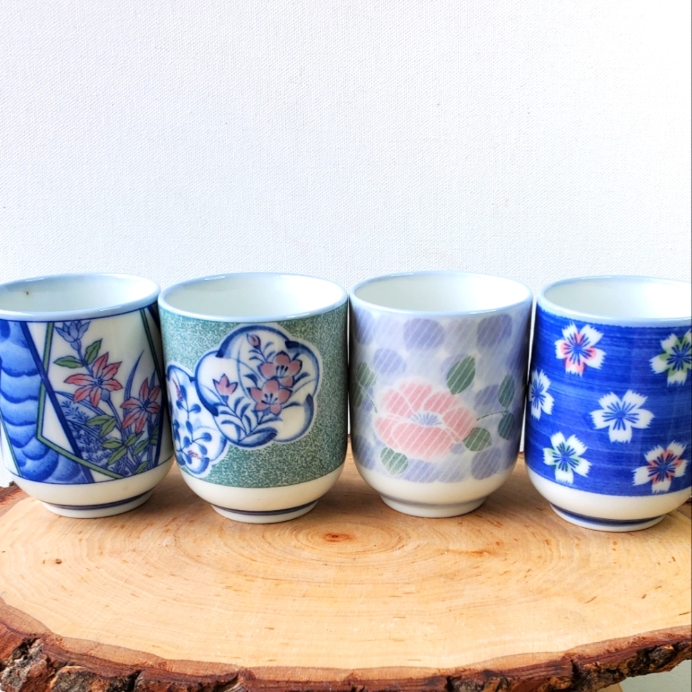 Nakagama Japan Floral Tea Cups Set of 4 Blue Ceramic Porcelain